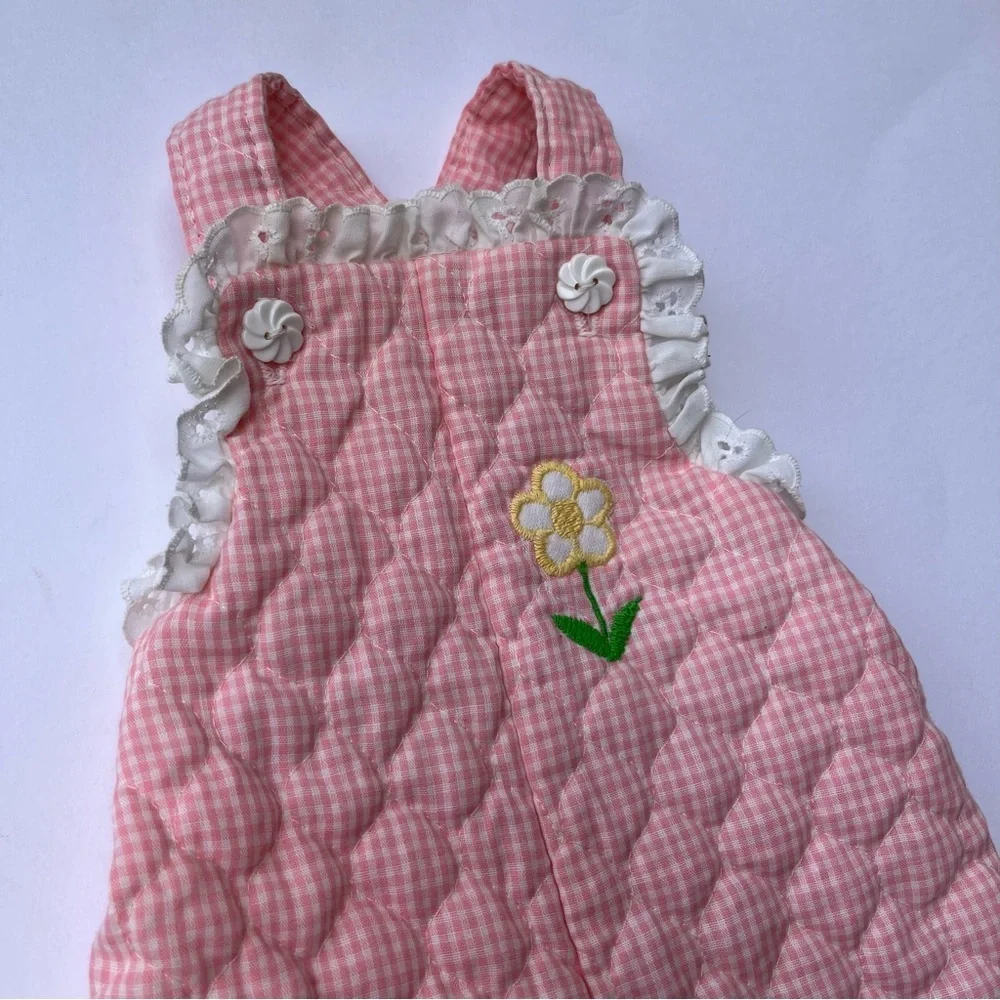 Vintage Carters Quilted Pink Overalls Baby Bibs Eyelet Trim